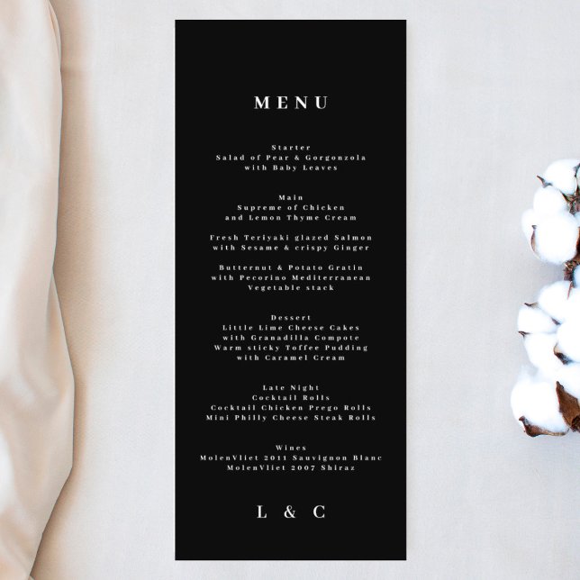 Menu Casamento Simples de Monograma do Elegante Branco  (Criador carregado)