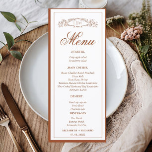 Menu Casamento simples do monograma da crista botânica 