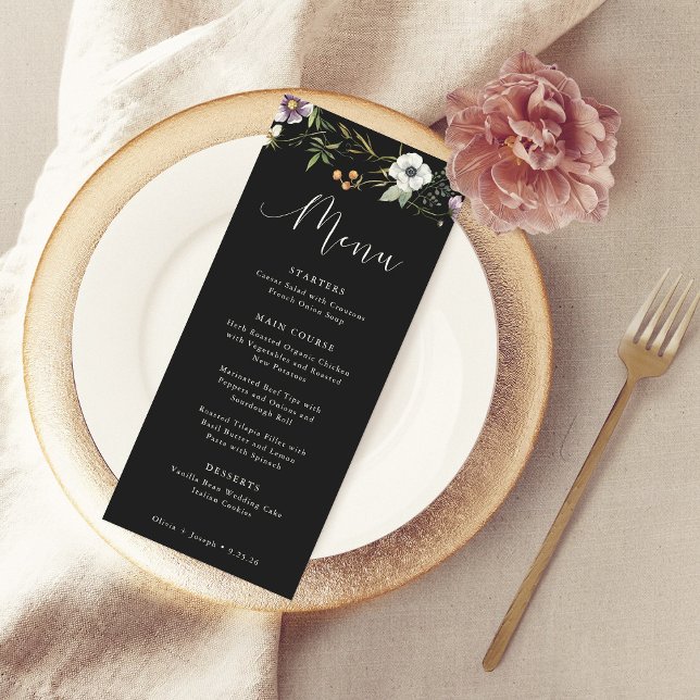Menu Casamento Simples e Elegante de Flores Botânicas E (A simple and elegant wedding menu decorated with wildflowers)