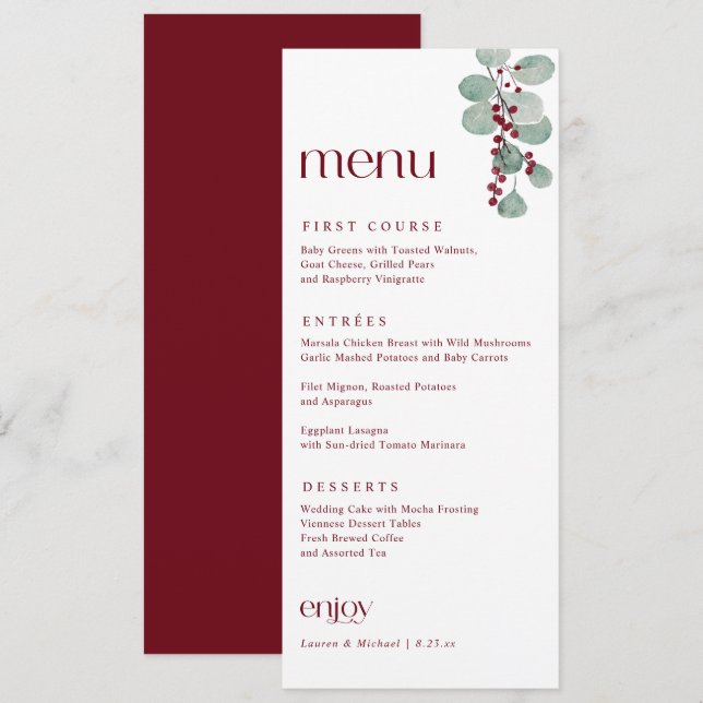 Menu Casamento Simples e Elegante de Inverno Burgundy n (Frente/Verso)