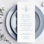 Menu Casamento simples e elegante de monograma botânico<br><div class="desc">Iniciais monogramas e folhas botânicas elegantes ilustradas à mão,  detalhes do menu em caracteres elegantes e clássicos,  simples e luxuosos. Excelente azul e cardápio branco para casamento clássico moderno,  casamento formal simples,  casamento botânico elegante. Veja todas as peças correspondentes na coleção.</div>