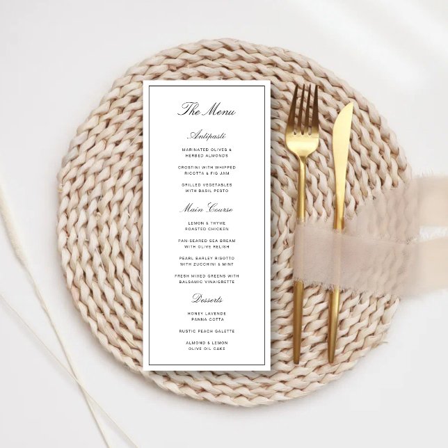 Menu Casamento Simples Elegante Formal Branco & Preto (Elegant white and black wedding menu showcases your meal with timeless sophistication.)