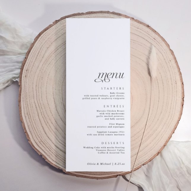 Menu Casamento Simples Elegante Moderno (Simple elegant wedding menu aligned at the bottom for name tags at the top.)