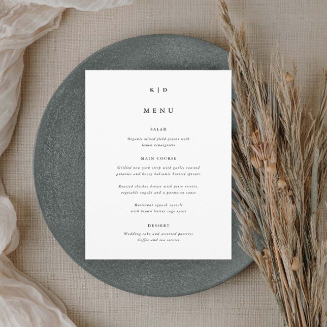 Menu Casamento Simples Minimalista Preto e Branco (Simple minimalist black and white wedding dinner menu.)