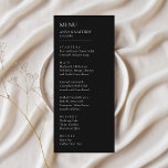 Menu Casamento Simples Mínimo Negro e Branco<br><div class="desc">Apresentando o nosso impressionante Menu de Casamento Negro e Branco, um texto ousado que adiciona um toque de elegância moderna à sua recepção. Apresentando uma tipografia branca nítida contra um fundo preto dramático, este menu expele sofisticação e estilo, criando um ponto focal cativante para as suas configurações de mesa. Criado...</div>