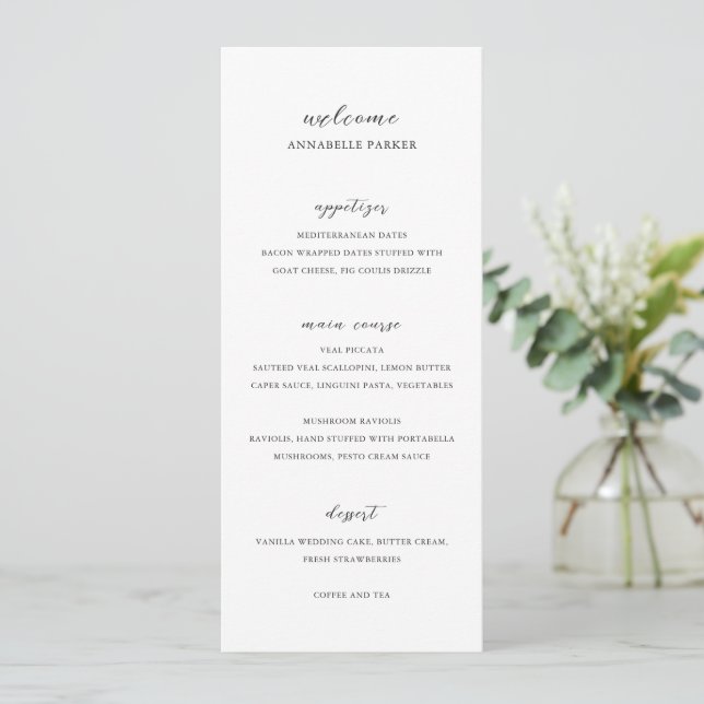 Menu Casamento Simples Nome do Convidado Preto e Branco (Em pé/Frente)