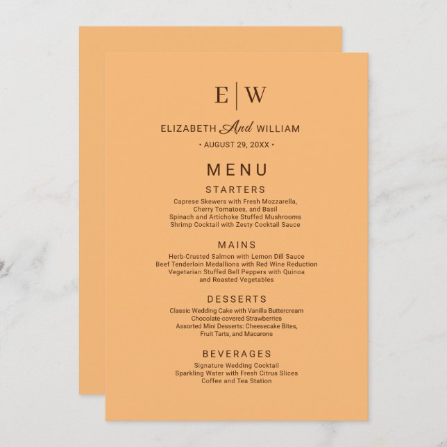 Menu Casamento Simples por Monograma Elegante (Frente/Verso)