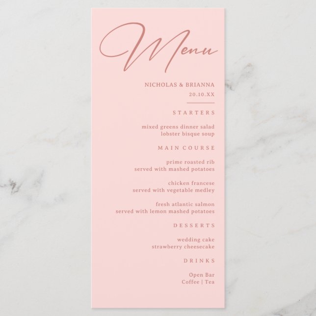 Menu Casamento Simples Rosa Bege  (Frente)