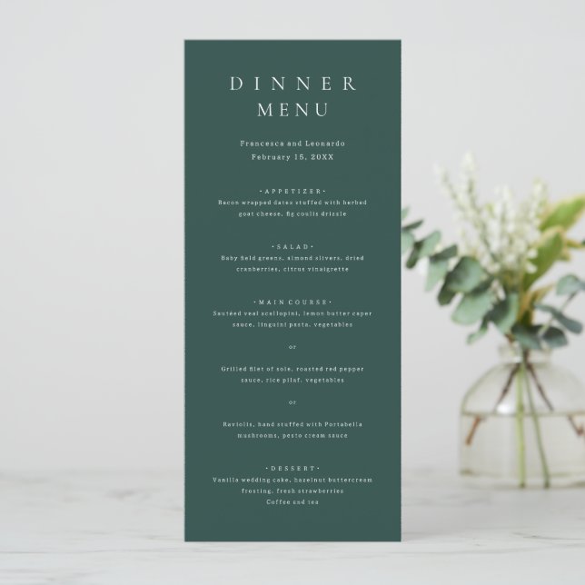 Menu Casamento Simples Verde Esmeralda Clássico (Em pé/Frente)