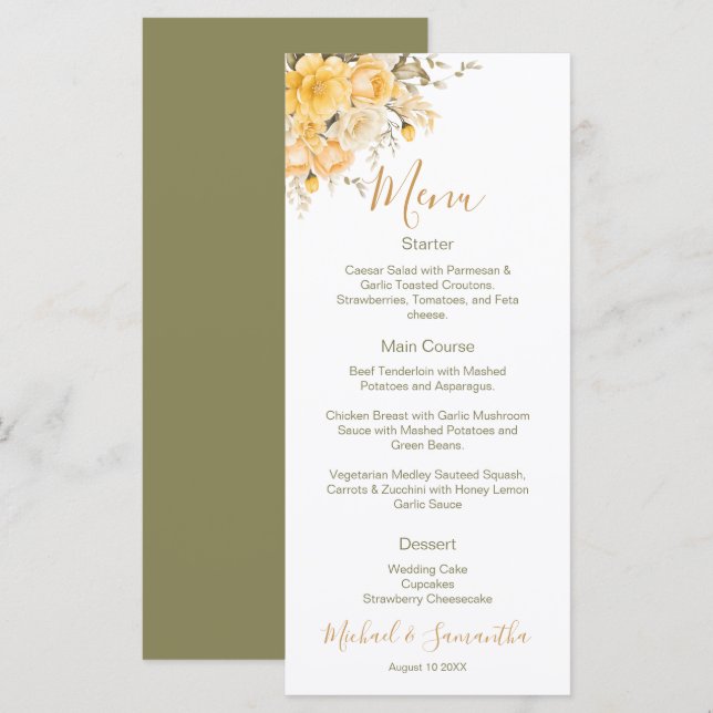 Menu Casamento Sofisticado com Rosas Amarelas e Marfim (Frente/Verso)