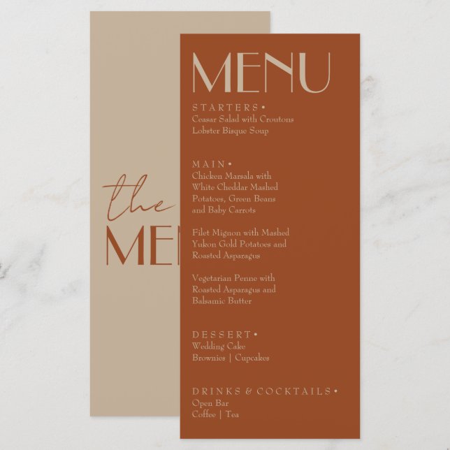 Menu Casamento sofisticado retrô queimado laranja doura (Frente/Verso)