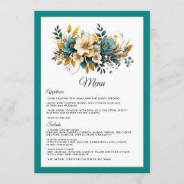 Menu Casamento Teal e Dourado Floral