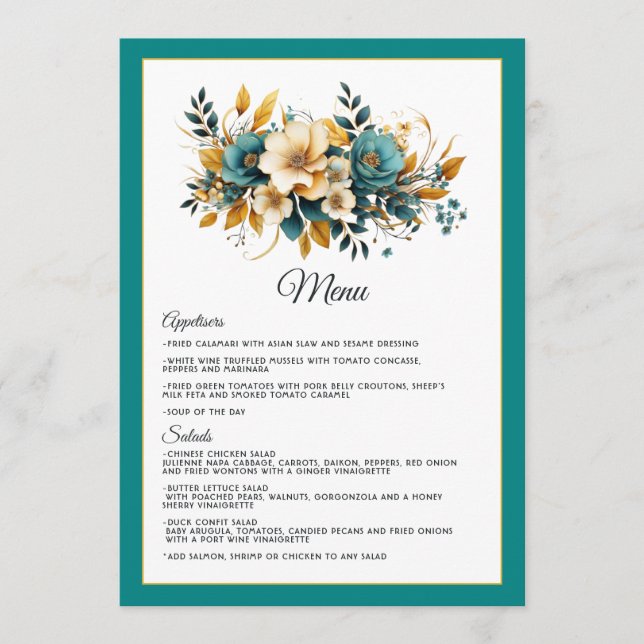Menu Casamento Teal e Dourado Floral (Frente)