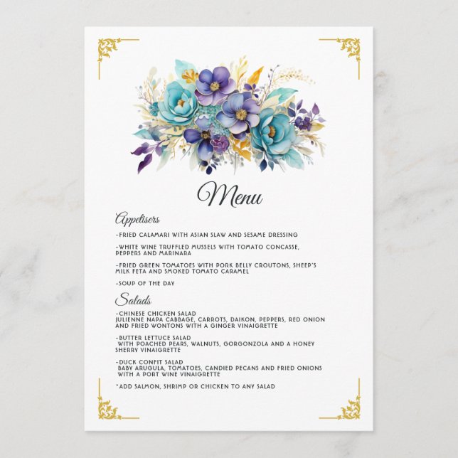 Menu Casamento Teal, Roxo e Dourado Floral (Frente)