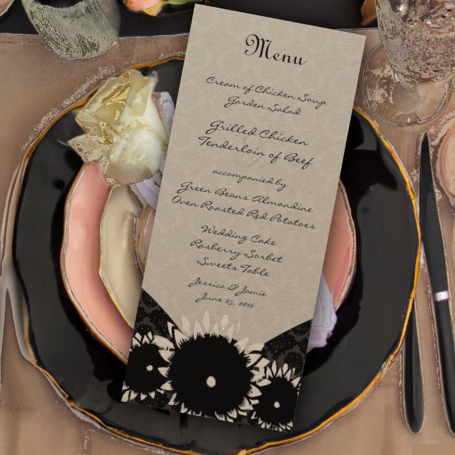Menu Casamento tema damasco de girassol preto (Criador carregado)