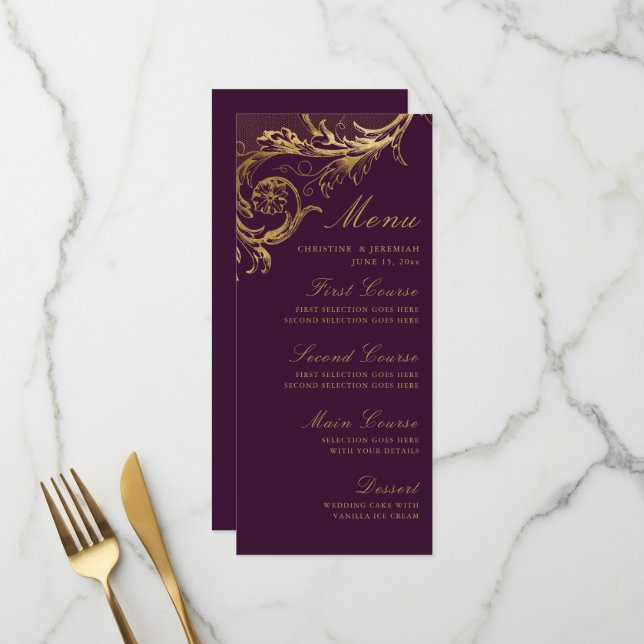 Menu Casamento tema damasco Floral Purple Vintage (Frente/Verso In Situ)