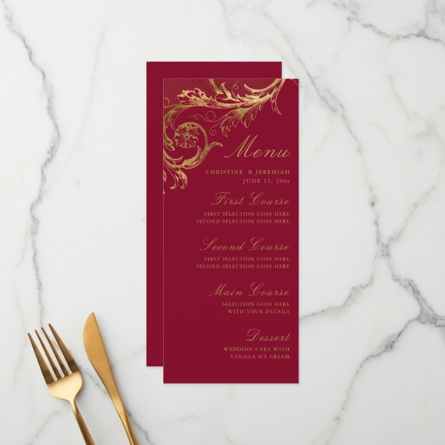 Menu Casamento tema damasco Floral Vintage Burgundy (Frente/Verso In Situ)