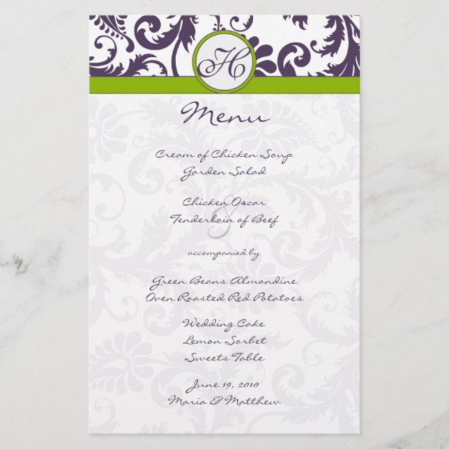 Menu Casamento tema damasco Verde do Lapão e da Ap (Frente)