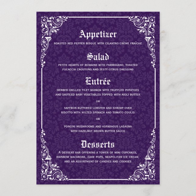 Menu Casamento tema damasco Vitoriano Gótico Roxo (Frente)