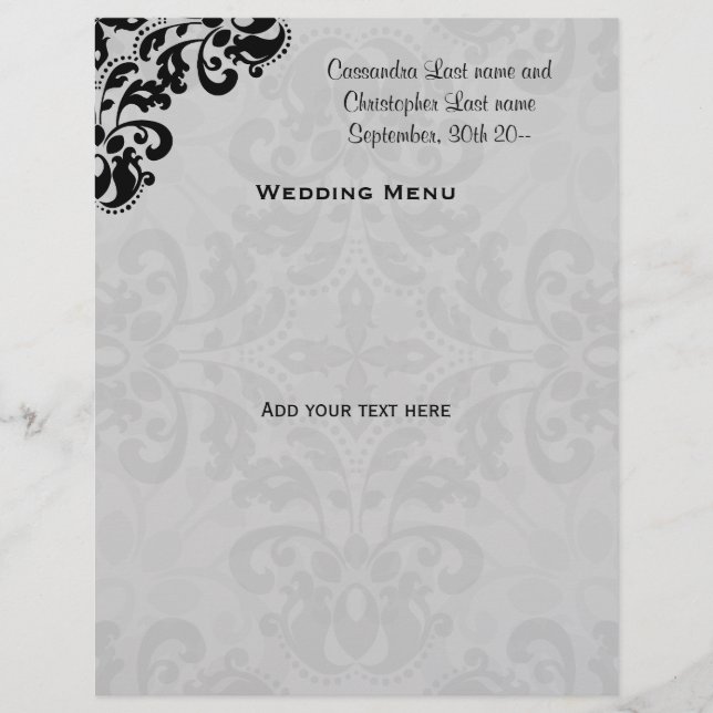 Menu casamento tema damasco Vitoriano Negro e cinz (Frente)