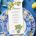 Menu Casamento Tema Italiano Russo Lemon Grove<br><div class="desc">Menu de casamento de Lemon Grove com itens de menu totalmente editáveis. A design apresenta um limoeiro, azulejos mediterrânicos azuis e amarelos e um ramo de limões com flores verdes e florescentes. Perfeito para um tema de casamento de limão, o casamento inspirado em italiano, a estética da vila rustica mediterrânica,...</div>