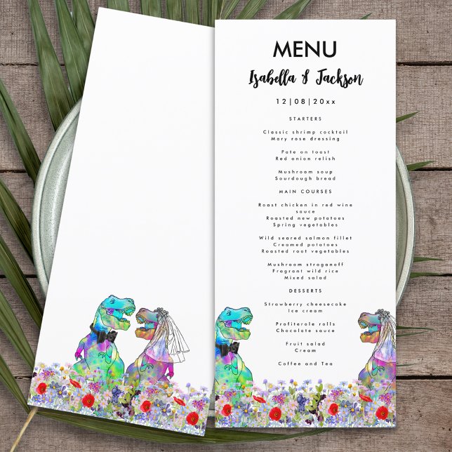 Menu Casamento Temático de Dinossauro Flor Silvestre Co (Dinosaur themed wedding menu with colorful T-Rex bride and groom in a colorful wildflower meadow)