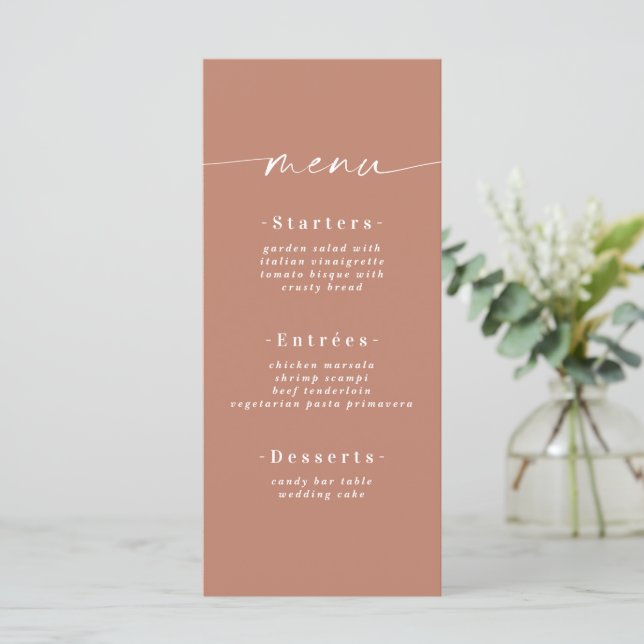 Menu Casamento Terracotta de Cores Sólidas Minimalístic (Em pé/Frente)