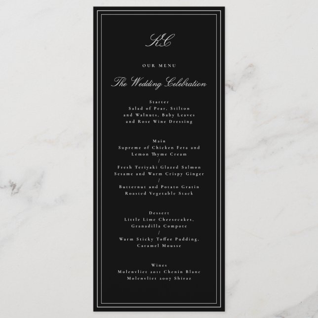 Menu Casamento Tradicional com Monograma Preto e Branco (Frente)