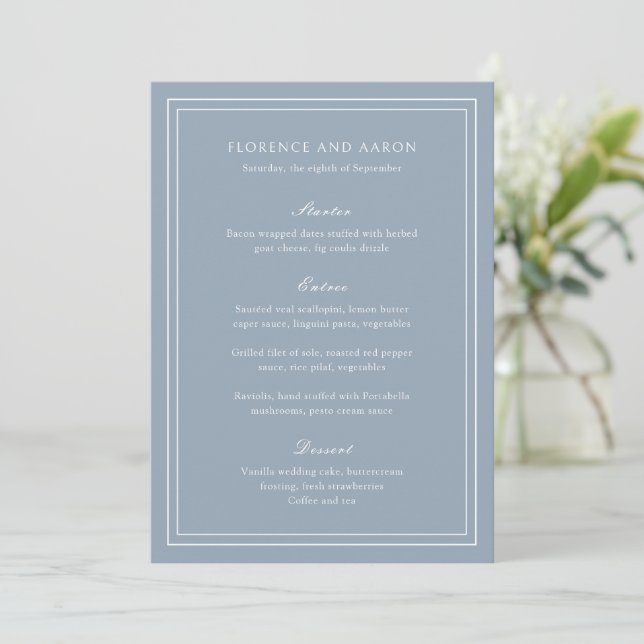 Menu Casamento Tradicional em Azul Poeirento Atemporal (Em pé/Frente)