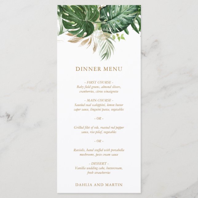 Menu Casamento Tropical com Folhagem Dourada Moderna (Frente)