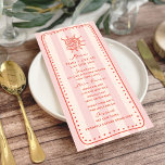 Menu Casamento Tropical de Greve Rosa de Seashell<br><div class="desc">Padrão de desenho da linha de concha sobre fundo da faixa rosa. Moldura vermelha e desenhada à mão.</div>