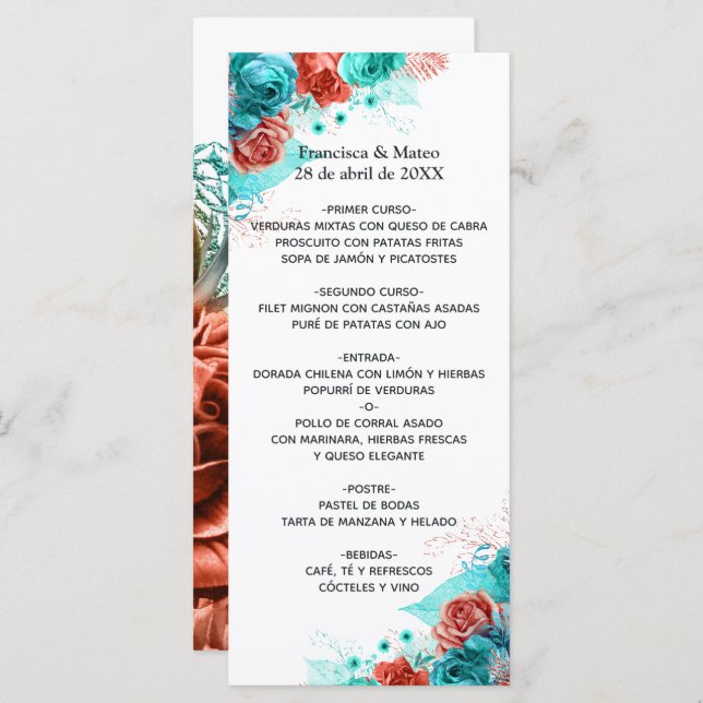 Menu Casamento Tropical de Turquesa e Coral Floral (Frente/Verso)
