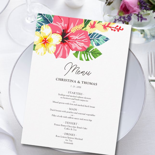 Menu Casamento Tropical de Watercolor Floral Hibiscus (Criador carregado)