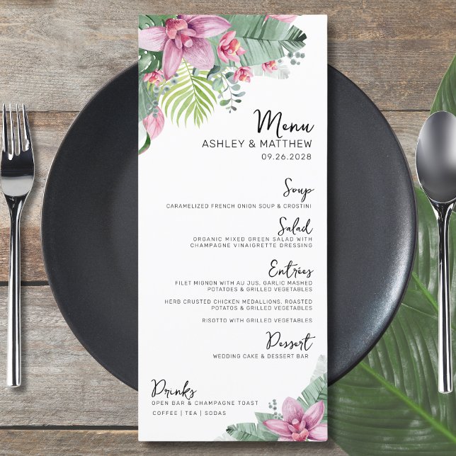 Menu Casamento Tropical Floral em Aquarela (Elegant Destination Floral Palm Tropical Wedding Menu)