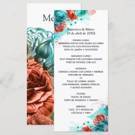 Menu Casamento Tropical Floral Turquesa e Coral