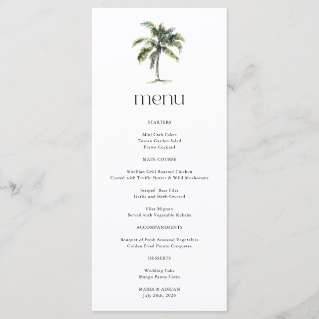 Menu Casamento Tropical na Praia com Palmeira Minimalis (Frente)