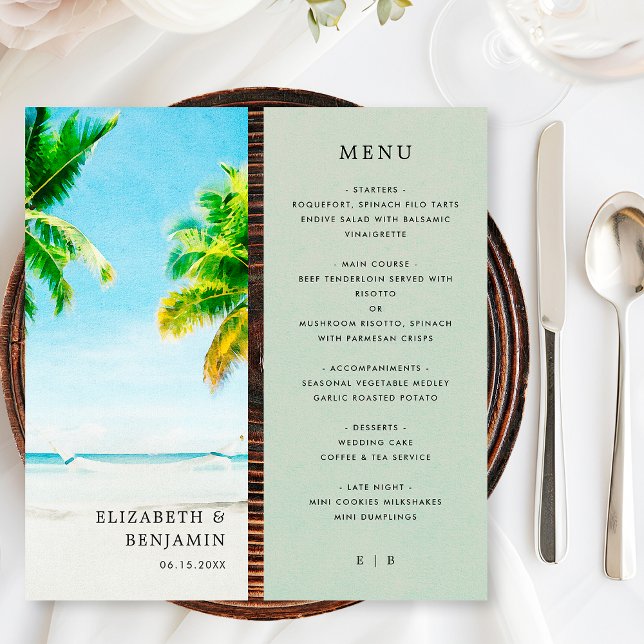 Menu Casamento Tropical Retrô na Praia com Palmeiras na (Criador carregado)