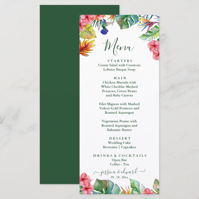 Menu Casamento Tropical Rosa Hibiscus Hawaiian (Frente/Verso)
