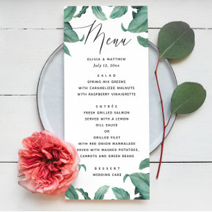 Menu Casamento tropical verde. Botânica de aquarela