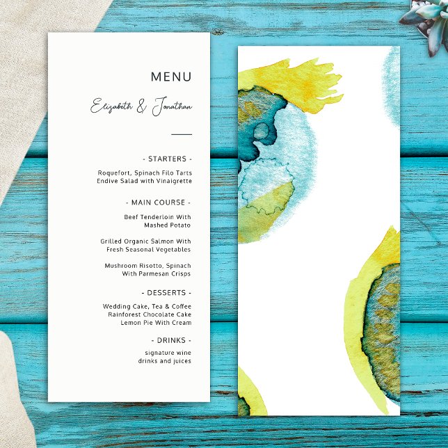 Menu Casamento Único de Arte de Abstrato Amarelo Azul (Front/Back)