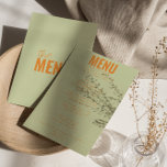 Menu Casamento Único Quimológico Clássico Moderno Brilh<br><div class="desc">Um retro fedorento,  moderno e brilhante menu de janto de casamento. Que apresenta o design modelo chic do boho vintage,  fundo verde claro e tipografia laranja e menu em laranja. Perfeito e compatível com toda a suíte.</div>