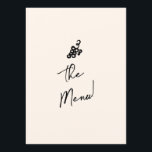 Menu Casamento Único Simples De Esquema Escrito À Mão<br><div class="desc">Um retro cardápio moderno preto e branco de janto. Que apresenta modelo design de chic de fundo leitoso cremoso e tipografia escrita à mão preta. Com garrafas desenhadas à mão,  vidro de champanhe e bolo na frente e grelhas atrás Um Perfeito e combinando com a suíte inteira.</div>