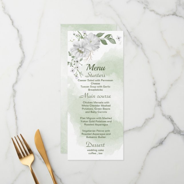 Menu casamento verde com flores brancas (Frente/Verso In Situ)