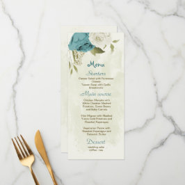Menu casamento verde com flores brancas azuis