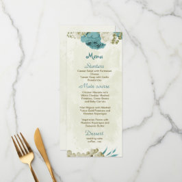Menu casamento verde com flores brancas azuis