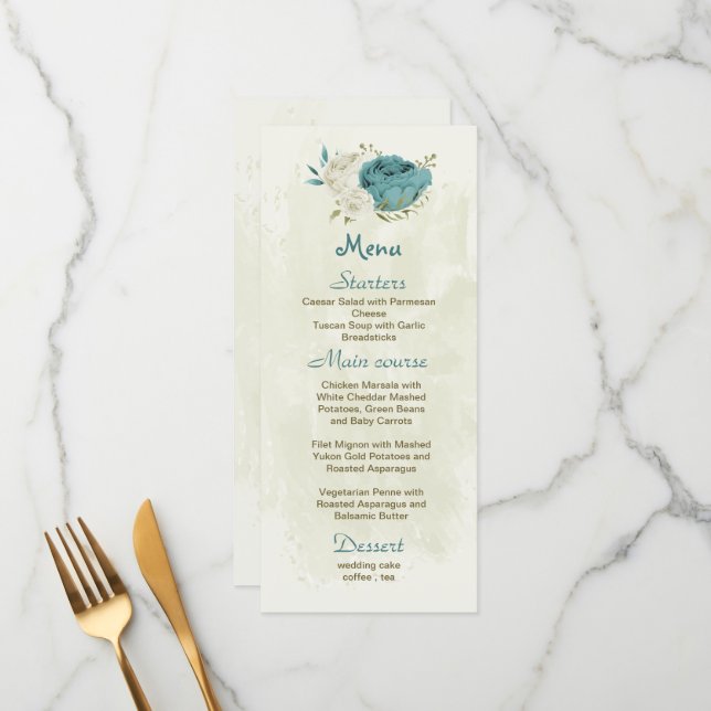 Menu casamento verde com flores brancas azuis (Frente/Verso In Situ)