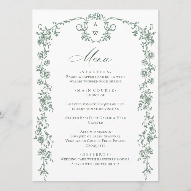 Menu Casamento Verde da Ornamentado Vitoriana Grace Flo (Frente)