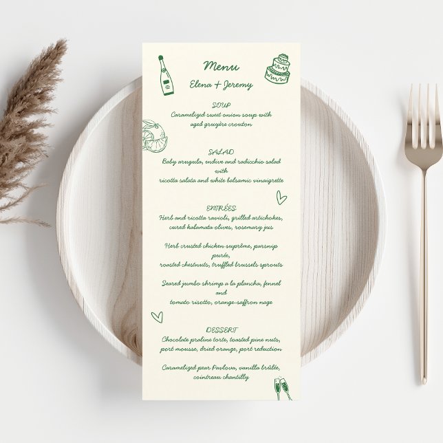 Menu Casamento Verde De Desenho Escrito À Mão (Green hand illustration wedding menu)