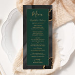 Menu Casamento Verde de Esmeralda Dourada e Preta Moder<br><div class="desc">Este elegante e moderno menu de casamento mostra uma coloração d'água preta,  ao fundo de uma agata preta,  aparada com brilho dourado. O texto aparece em letras elegantes douradas e fontes em cores em um retângulo verde esmeralda. O design preto de ágata é repetido no reverso.</div>