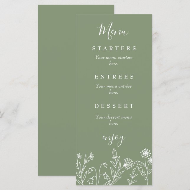 Menu Casamento verde de flor silvestre Boho (Frente/Verso)